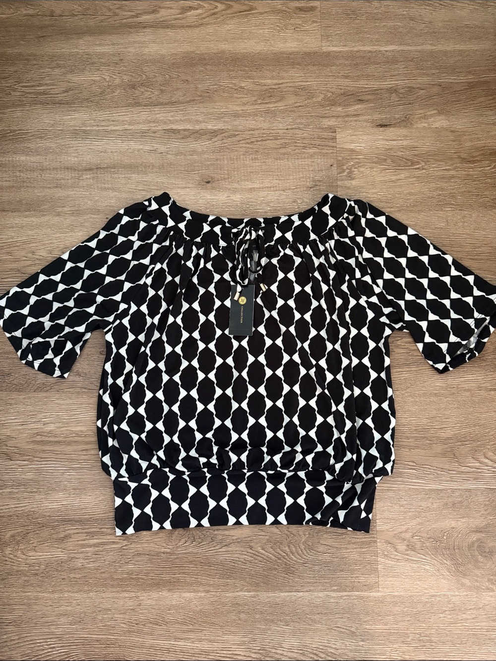 JM Collection Black & White Geometric Top with keyhole tie front